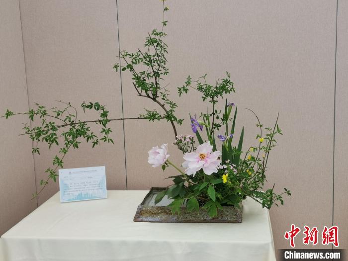 宋曉梅創(chuàng)作的傳統(tǒng)插花“煙花三月”作品獲金獎(jiǎng)。　李惠瑨 攝