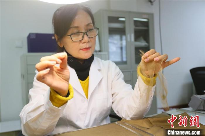 據(jù)趙喜梅介紹，修復(fù)文物紡織品所用的縐絲紗比頭發(fā)絲還細(xì)?！「哒?攝