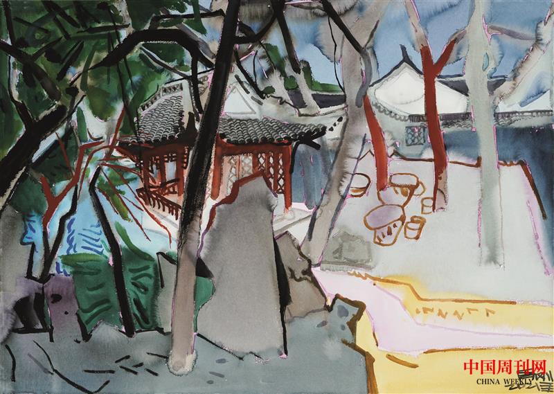 2021年周剛水彩畫(huà)——《綺園聽(tīng)琴閣》尺寸75x105cm，2021年.jpg